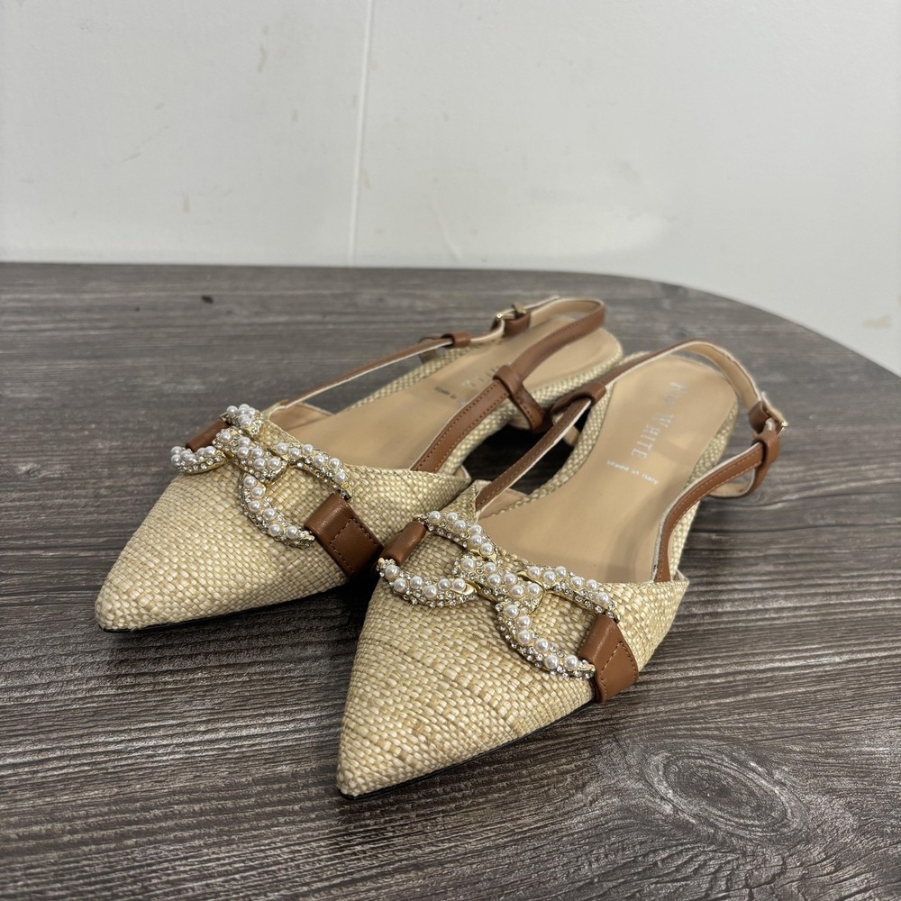 Ron White Shoes Womens Size 6.5 37 Beige Slingback Flats Pearl Rhinestone Italy